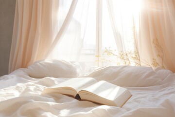 a book placed on a bed with white linen, illuminated by the gentle morning light filtering through t