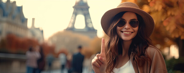 Beautiful woman or girl shows thumb up on street in roma.