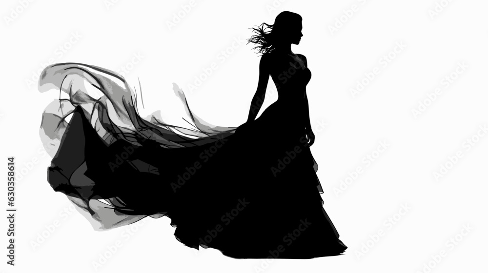 Silhouette of a black girl in a flowing dress on a white background ...