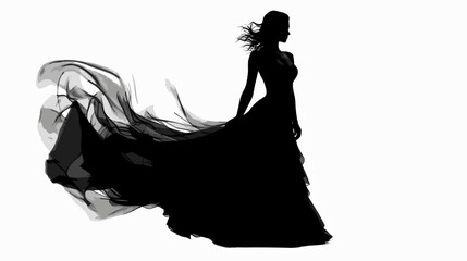 Silhouette of a black girl in a flowing dress on a white background vector