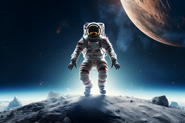 spaceman or astronaut on surface of moon.