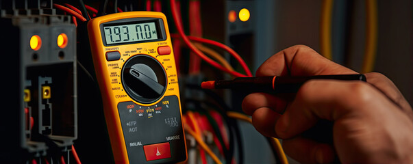 electrician worker measures the electric current.