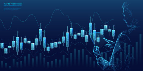 Leinwandbilder - Abstract stock market banner. Digital businessman holding tablet with candlesticks hologram. Graph chart and growing bar. Low poly wireframe vector illustration in futuristic style.