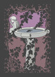 A vector image of an old drinking spring made of gray stone in the shape of a bowl, on the edge of which sits an angel, on the base in the form of a small column against and a wall overgrown with ivy 