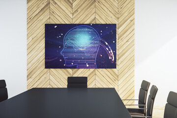 Wall Mural - creative human head microcircuit on presentation monitor in a modern boardroom. future technology an
