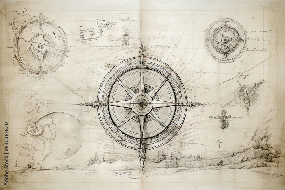 Nautcal compass and vintage map sketch drawing. Exploration and sailing ...
