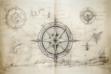 Nautcal compass and vintage map sketch drawing. Exploration and sailing concept. Poster design. Generative Ai