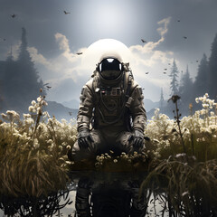 Wall Mural - spaceman or astronaut sitting among flowers.
