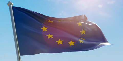 Wall Mural - EU European Union flag waving on blue sky background