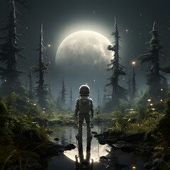 Wall Mural - spaceman or astronaut sitting among flowers.