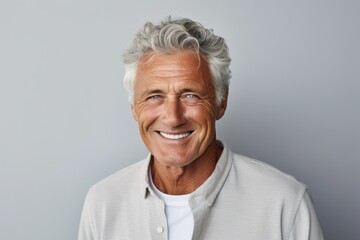 Beautiful elderly senior man, model, man with grey hair laughing and smiling into camera, old man portrait, skin care, cosmetics, dental, beauty, generative ai