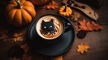 Top View Of Halloween Themed Flat Latte With Black Cat Pattern