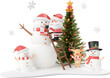 Santa Claus, snowman and reindeer with Christmas tree on a snow ground, Christmas theme elements 3d illustration