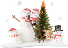 Santa Claus, Snowman And Reindeer With Christmas Tree In Opened Gift Box, Christmas Theme Elements 3d Illustration