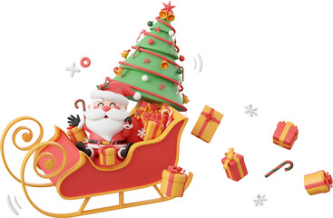 Wall Mural - Santa Claus and Christmas tree and gift on sleigh, Christmas theme elements 3d illustration