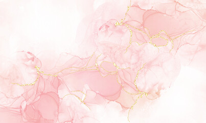 Pink alcohol ink mixed with glitter gold pattern elegant abstract ink flow art with translucent background.