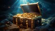 Underwater treasure chest with gold coins made with Ai generative technology