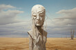 Faceless conceptual surrealism illustration, a lonely mummy figure with branches from head in a field