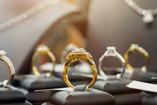 Jewelry Diamond Rings Show In Luxury Retail Store Window Display Showcase