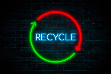 Sticker - Recycle neon symbol banner on brick wall background.