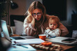 A resilient single mother juggles between work and parenting duties at home. Striving for balance, she multitasks with her laptop, representing the complexity of her priorities
