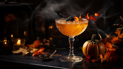 cocktail with decor for HalloweenClose up view of tasty orange cocktail in a glass with decor for Halloween, on dark background
