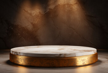 an marble Round podium on a white , in the style of light gold and light brownrealistic still lifes with dramatic lighting, raw metallicity, luxurious fabrics