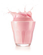 Pink milkshake splashing out of drinking glass isolated on white background. Authentic studio shot.