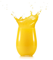 Wall Mural - Fresh orange  juice splashing out of glass isolated on white background...