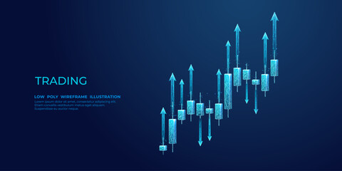 Leinwandbilder - Abstract digital graphic of low poly candlestick in the stock market presented in futuristic style. Boosting of investment in technology blue background. Futuristic finance concept. Polygonal vector