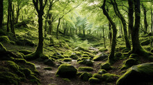 The Morning Atmosphere Of A Mature Forest Overgrown With Tall Trees And The Forest Floor Is Filled With Mossy Stones. Small Plants And Greenish Moss Fill The Entire Forest Floor.