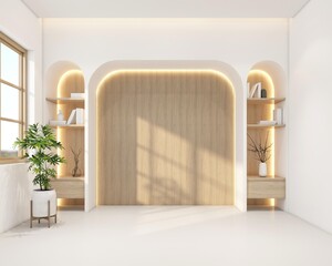 Wall Mural - Modern japan style living room decorated with minimalist arched bookshelf cabinet, wood slat wall and white wall. 3d rendering