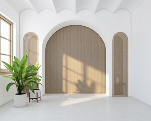 Wall Mural - Empty room decorated with arched bookshelf cabinet, wood slat wall and arched white wall, arched white ceiling. 3d rendering