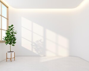 Wall Mural - Minimalist empty room decorated with white wall and hide warm white ceiling lighting. 3d rendering