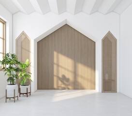 Wall Mural - Empty room decorated with triangle bookshelf cabinet, wood slat wall and triangle white wall, white triangle ceiling. 3d rendering