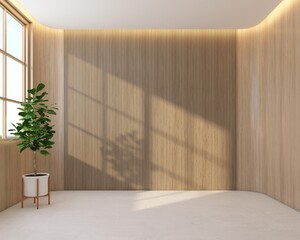 Wall Mural - Empty room decorated with arched wood wall and wood slat wall, hide warm white ceiling lighting. 3d rendering