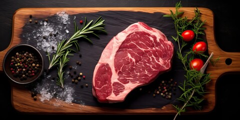 Wall Mural - AI Generated. AI Generative. Rib eye bbq grill meat raw fresh steak on bone on kitchen table mock up. Graphic Art