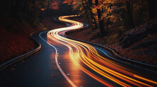 Timelapse On Curvy Road. Autumn, Night Time Car's Timelapse  In Fall Landscape.