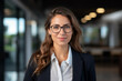 © lagano - Happy young smiling confident. Professional business woman wearing blue shirt, pretty stylish female executive looking at camera, standing arms crossed isolated at gray background, Generative AI.