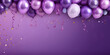 Festive banner with balloons on purple blank background, party decoration with copy space area, panoramic holiday background 