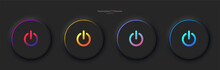 A Set Of Four Round Buttons With The Power Symbol In Black. User Interface Elements For Mobile Devices In The Style Of Neumorphism, UI, UX. Vector EPS 10.