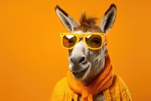 Stylish Portrait Of Dressed Up Imposing Anthropomorphic Donkey Wearing Glasses And Suit On Vibrant Orange Background With Copy Space. Funny Pop Art Illustration.
