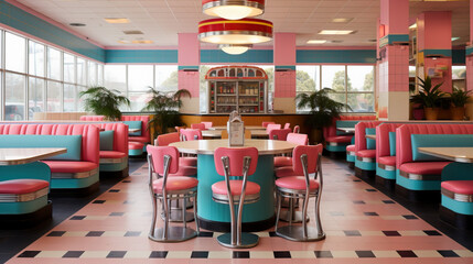 Poster - interior of an empty fifties style restaurant created with Generative AI technology