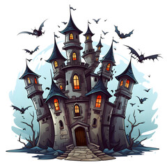 Sticker - Cartoon clipart of haunted castle with bats flying around, transparent background