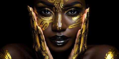 beauty woman black skin color body art, gold makeup lips eyelids, fingertips nails in gold color pai