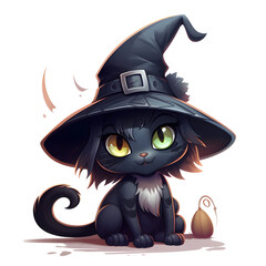 Cartoon clipart of playful black cat with a witch's hat, transparent background