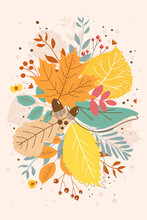 Poster Banner Composition With Bright Fallen Autumn Leaves On A Light Background. Flat Doodle Style. Vector Illustration.