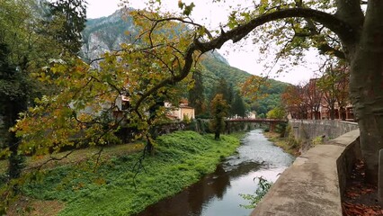 Poster - Abandoned buildings and the bridge of Baile Herculane town in Romania