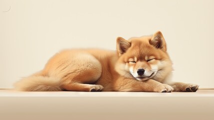  a brown dog laying on top of a wooden floor next to a white wall.  generative ai