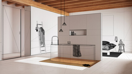 Sticker - Empty white interior with resin floor, custom architecture design project, black ink sketch, blueprint showing minimal bathroom and bedroom, japandi interior design